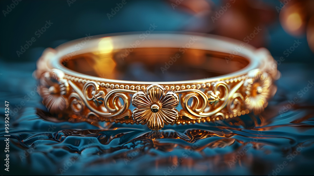 Golden Floral Ring on Blue Abstract Background 3D Illustration Golden Floral Ring on Blue Abstract Background 3D Illustration