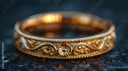 Close Up of a Gold Ring with Intricate Floral Designs, Photo