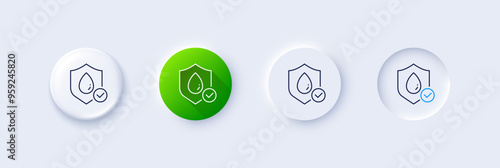 Waterproof line icon. Neumorphic, Green gradient, 3d pin buttons. Water resistant sign. Liquid drop protection symbol. Line icons. Neumorphic buttons with outline signs. Vector