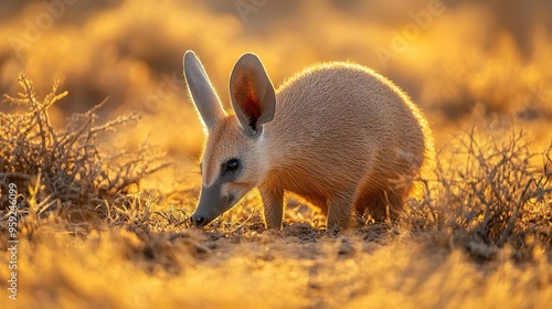 Beautiful aardvark animal in the bush gold forest background bn aardvark digs into the dry soil of the African bush photo