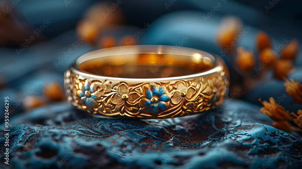 Gold Ring with Floral Design on a Blue Background - Photo Gold Ring with Floral Design on a Blue Background - Photo