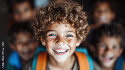 A young boy with curly hair and a bright smile stands out in the foreground with an orange backpack, accompanied by four friends laughing in the background.