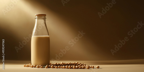 a glass bottle of soy milk with soybeans scattered around against an isolateddusty chocolatebackground photo