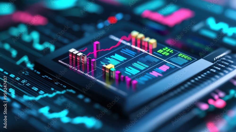 Vibrant data visualization with interactive charts and graphs, showcasing intricate analytics on a dark screen. Vibrant data visualization with interactive charts and graphs, showcasing intricate analytics on a dark screen.