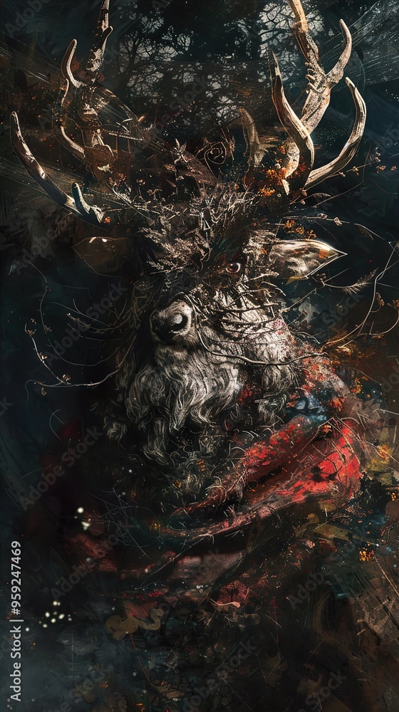 A close-up portrait of a deer's head with a red scarf, a mysterious, fantastical, and artistic depiction. A close-up portrait of a deer's head with a red scarf, a mysterious, fantastical, and artistic depiction.