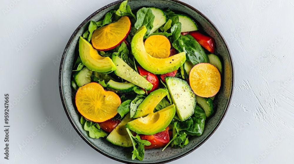 Fresh Green Salad with Avocado, Cucumber and Yellow Bell Pepper Fresh Green Salad with Avocado, Cucumber and Yellow Bell Pepper