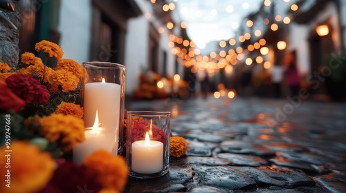 Candles and bright marigold flowers adorn a charming cobblestone street decorated with glowing string lights, capturing the warmth and festive spirit of the occasion. photo