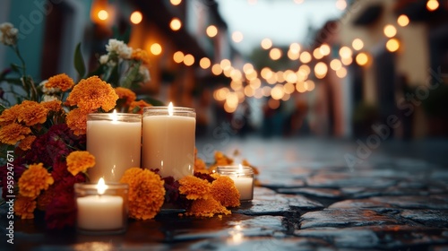 A scene showcasing candles and marigolds lining a charming cobblestone street under a sky filled with decorative lights, highlighting a festive and warm nighttime atmosphere. photo