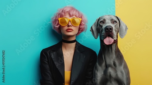 A stylish person with vibrant pink hair poses with a happy dog against a vivid yellow and teal split background, highlighting a modern and playful photographic style. photo