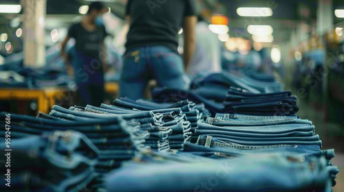 Stack of Blue Jeans in a Clothing Store