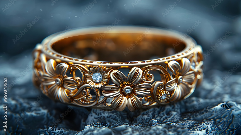 Golden Floral Ring with Diamonds - 3D Render Golden Floral Ring with Diamonds - 3D Render