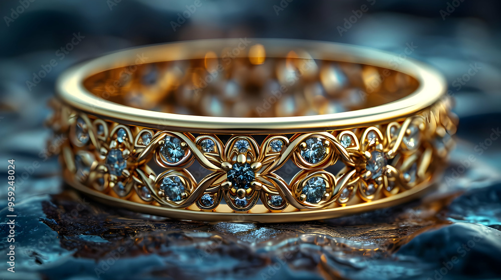 Ornate Gold Ring with Blue Gemstones 3D Illustration Ornate Gold Ring with Blue Gemstones 3D Illustration