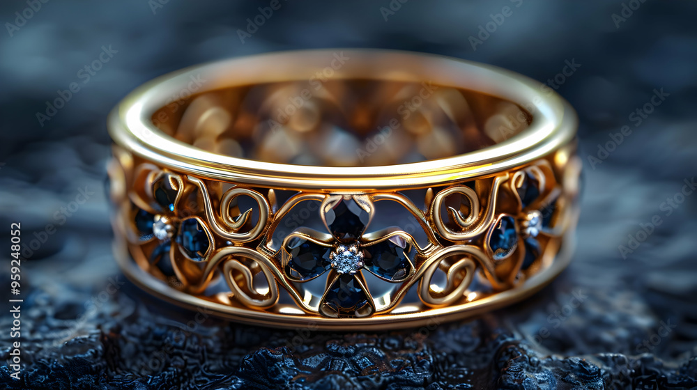Golden Ring with Blue Gemstones 3D Illustration Golden Ring with Blue Gemstones 3D Illustration