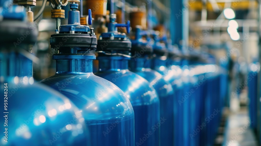 Blue Cylindrical Containers with Metal Valves in a Row Blue Cylindrical Containers with Metal Valves in a Row