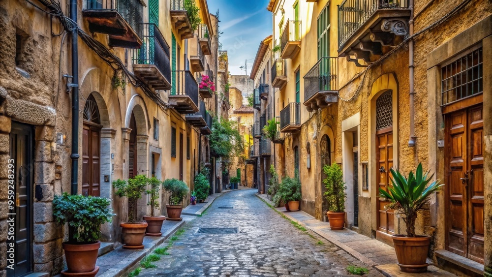 Quiet cobblestone side street in Palermo, Italy , Palermo, Sicily, old town, narrow, alleyway, historic Quiet cobblestone side street in Palermo, Italy , Palermo, Sicily, old town, narrow, alleyway, historic