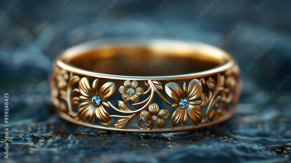 Golden Floral Ring with Diamonds 3D Illustration Golden Floral Ring with Diamonds 3D Illustration