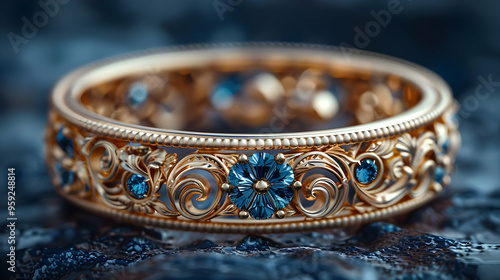 Ornate Gold Ring with Blue Gemstones - 3D Illustration