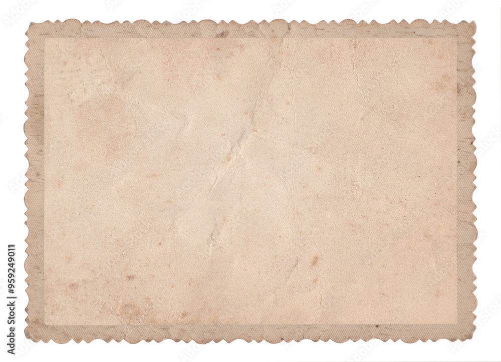Vintage scalloped edge photo paper with dust, creases, and splatters on transparent background (png image). Useful for design, vintage effects, and backgrounds.