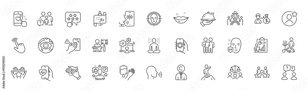 Fototapeta premium Face detect, Clapping hands and Journey path line icons. Pack of Cardio training, Best friend, Inclusion icon. Heart rating, Report, Leadership pictogram. Cursor, Security agency, Blood. Vector