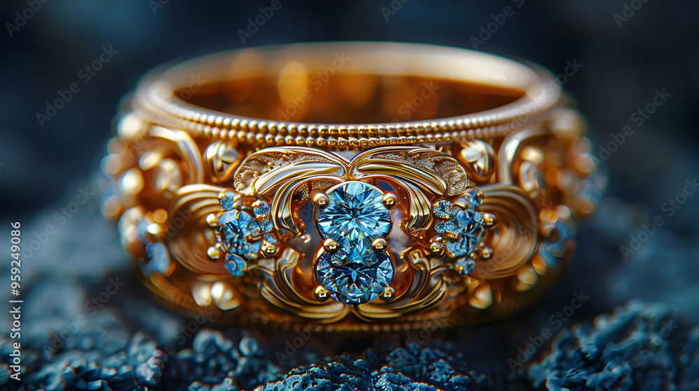 Obraz premium Ornate Gold Ring with Blue Gemstones 3D Illustration