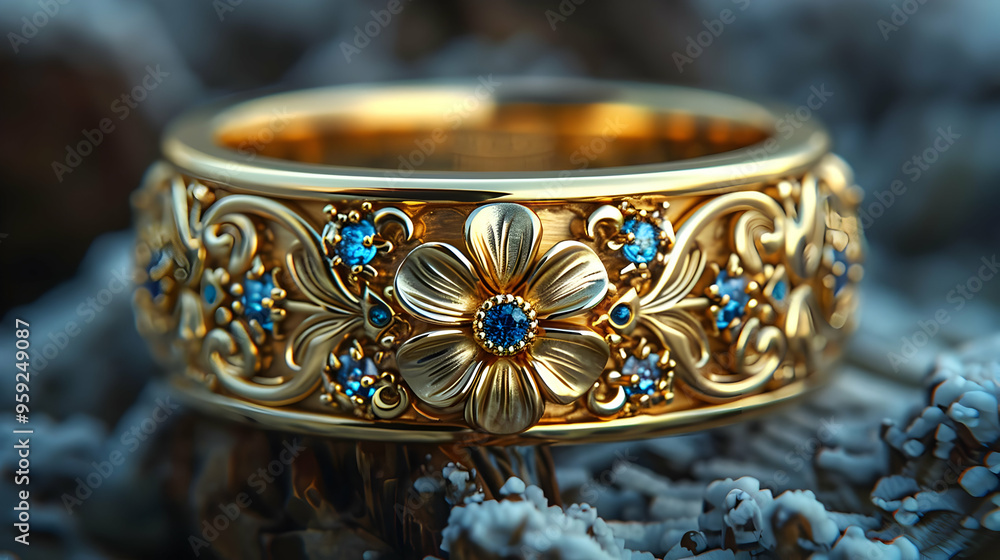 Golden Floral Ring with Blue Gemstones 3D Illustration Golden Floral Ring with Blue Gemstones 3D Illustration