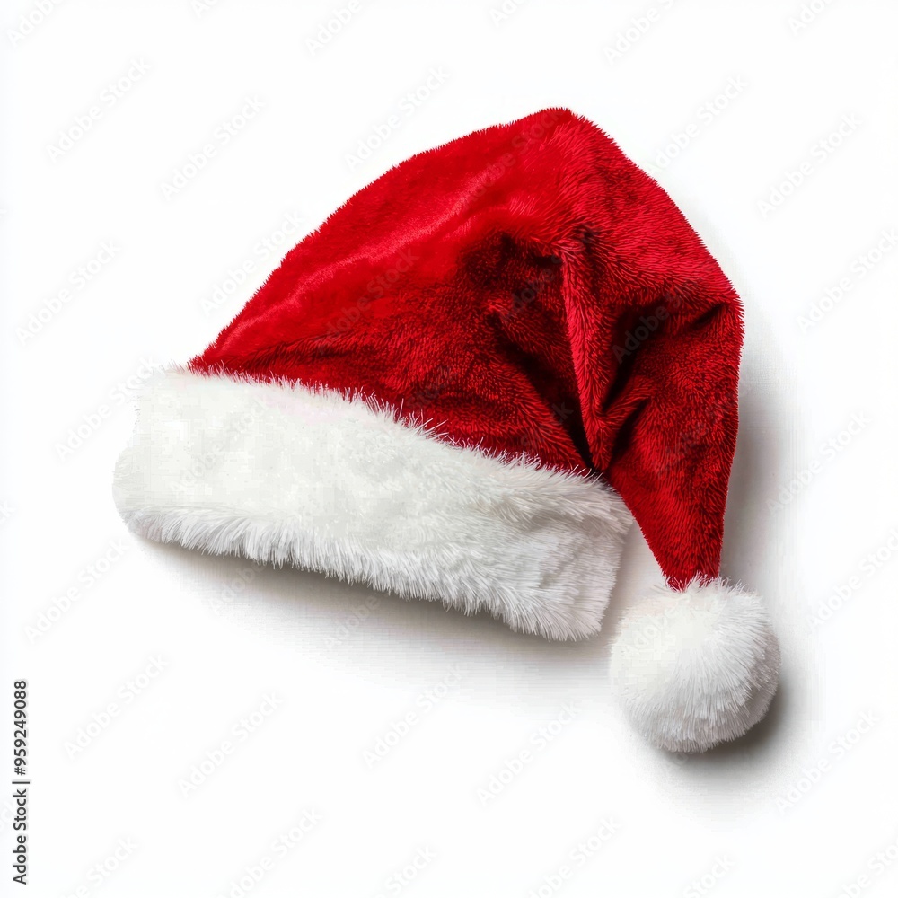 A red Santa hat with a white pompom, Christmas, Holidays, isolated, white background A red Santa hat with a white pompom, Christmas, Holidays, isolated, white background