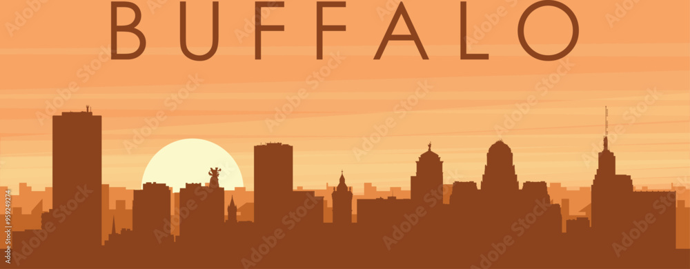 Brown panoramic poster of the city skyline with misty background buildings, sunrise, clouds and mountains of BUFFALO, UNITED STATES Brown panoramic poster of the city skyline with misty background buildings, sunrise, clouds and mountains of BUFFALO, UNITED STATES