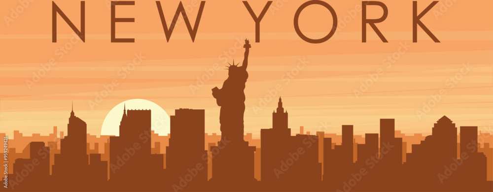 Brown panoramic poster of the city skyline with misty background buildings, sunrise, clouds and mountains of NEW YORK, UNITED STATES Brown panoramic poster of the city skyline with misty background buildings, sunrise, clouds and mountains of NEW YORK, UNITED STATES