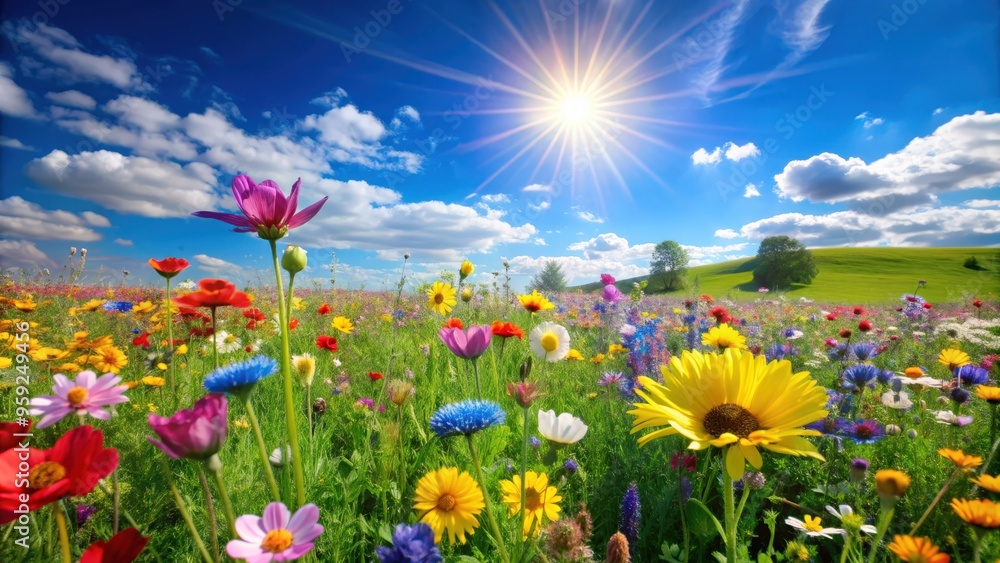 Fototapeta premium Vibrant spring meadow with colorful flowers under sunny blue sky, Spring, meadow, colorful, flowers, nature, sunny