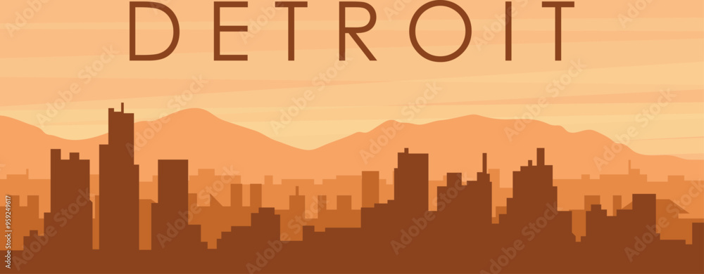 Brown panoramic poster of the city skyline with misty background buildings, sunrise, clouds and mountains of DETROIT, UNITED STATES Brown panoramic poster of the city skyline with misty background buildings, sunrise, clouds and mountains of DETROIT, UNITED STATES