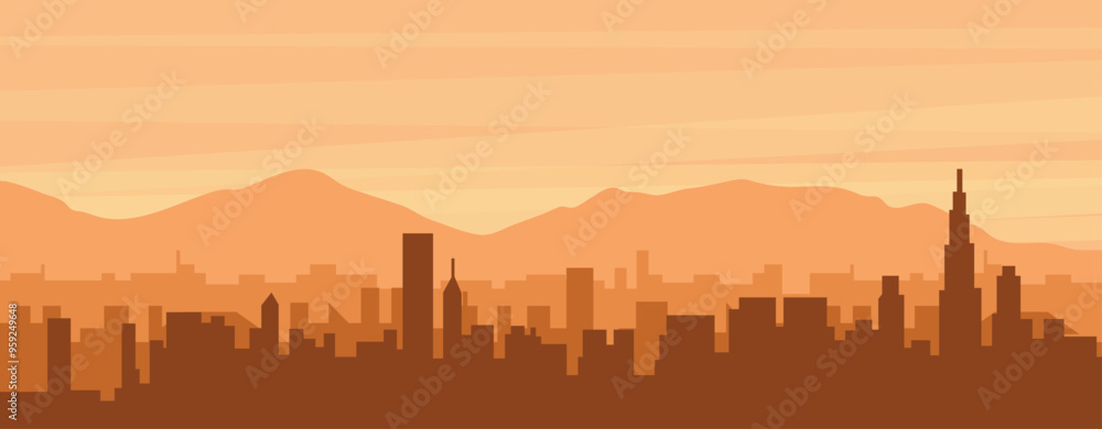 Brown panoramic poster of the city skyline with misty background buildings, sunrise, clouds and mountains of CHICAGO, UNITED STATES Brown panoramic poster of the city skyline with misty background buildings, sunrise, clouds and mountains of CHICAGO, UNITED STATES