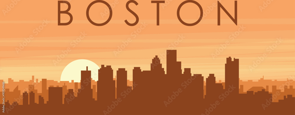 Brown panoramic poster of the city skyline with misty background buildings, sunrise, clouds and mountains of BOSTON, UNITED STATES