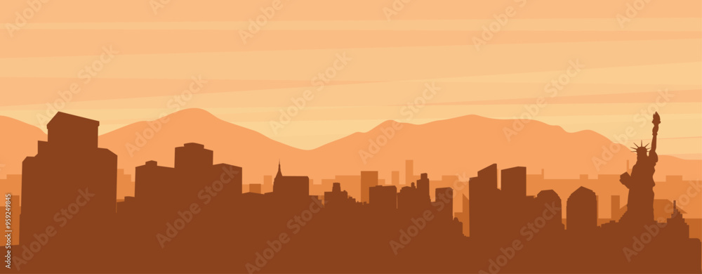 Brown panoramic poster of the city skyline with misty background buildings, sunrise, clouds and mountains of NEW YORK, UNITED STATES Brown panoramic poster of the city skyline with misty background buildings, sunrise, clouds and mountains of NEW YORK, UNITED STATES