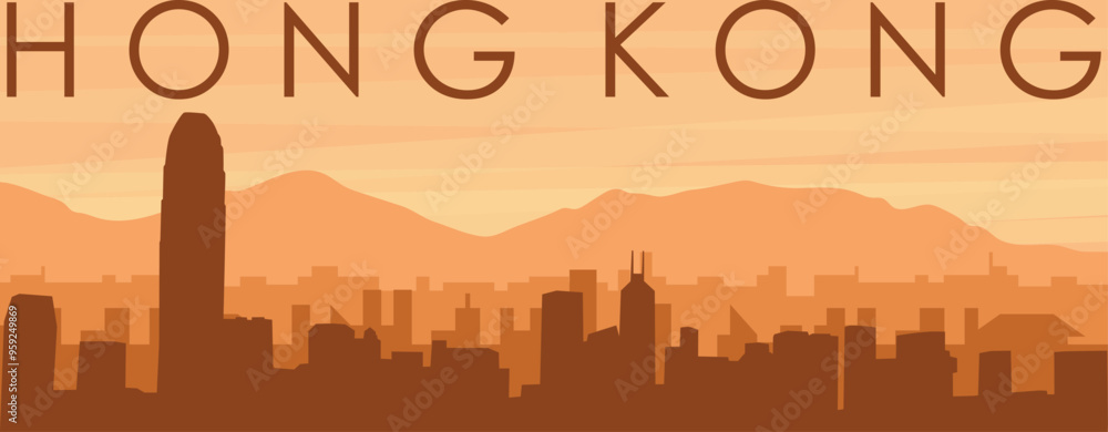 Brown panoramic poster of the city skyline with misty background buildings, sunrise, clouds and mountains of HONG KONG Brown panoramic poster of the city skyline with misty background buildings, sunrise, clouds and mountains of HONG KONG