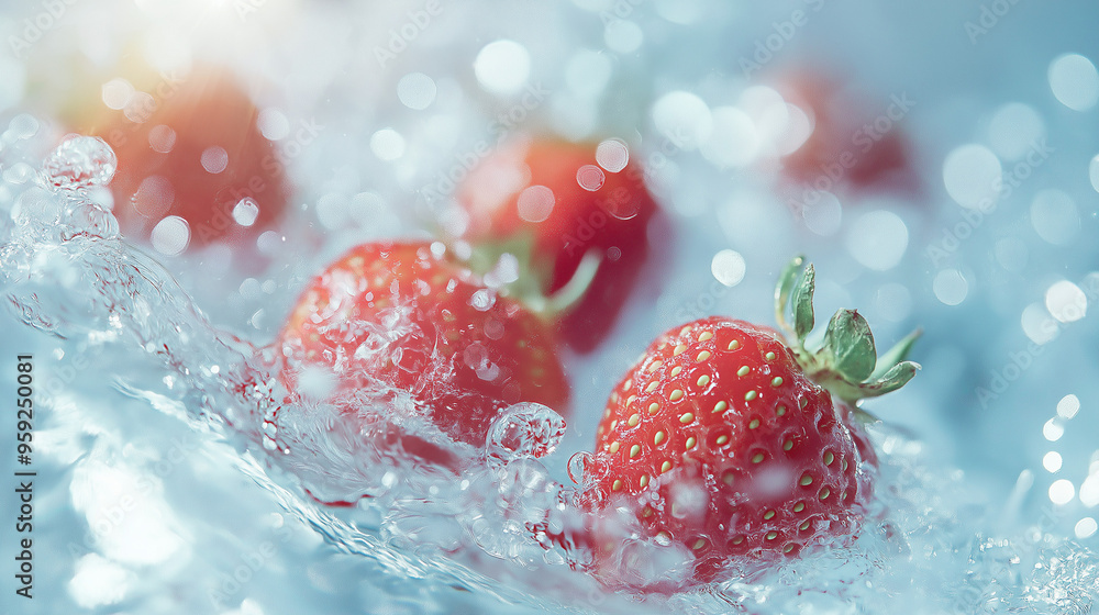 dreamy and airy background with fresh strawberries and a gentle water splash in an ultra-soft focus, emphasizing a dreamy, ethereal y2k aesthetic