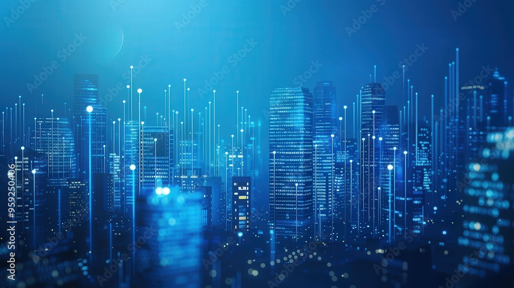 Buildings abstractly featured with financial data graphs on a blue background, capturing the essence of real estate market analysis.. Buildings abstractly featured with financial data graphs on a blue background, capturing the essence of real estate market analysis..