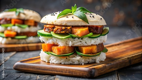 Onigirazu sushi sandwich with vegan tofu, soy sauce marinated filling, sweet potatoes, and avocado , Japanese cuisine photo