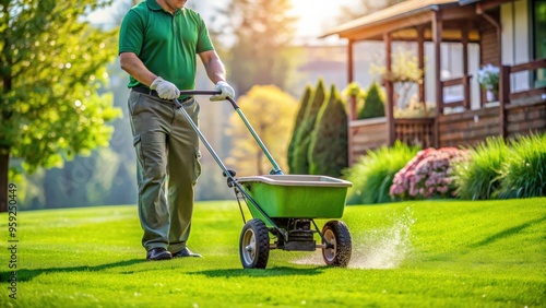 Gardener using push spreader to fertilize lush green residential grass lawn , gardener, push spreader