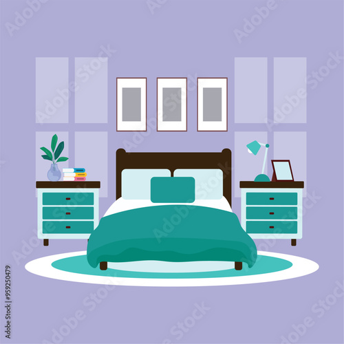 Cozy bedroom with double bed and warm decor Vector
