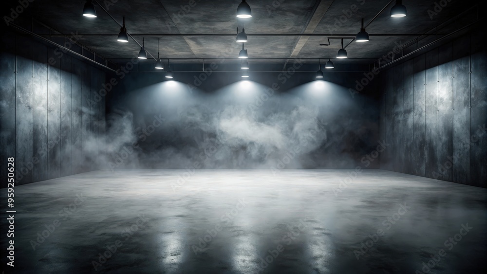 Empty studio dark room with spot lighting, fog on concrete floor in black background, studio, dark room Empty studio dark room with spot lighting, fog on concrete floor in black background, studio, dark room