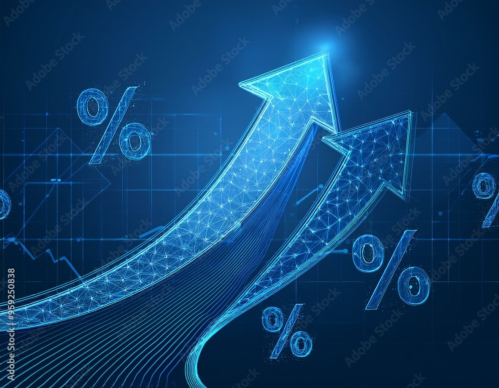 Naklejka premium Abstract digital arrow up and percent polygonal symbols on technology blue background