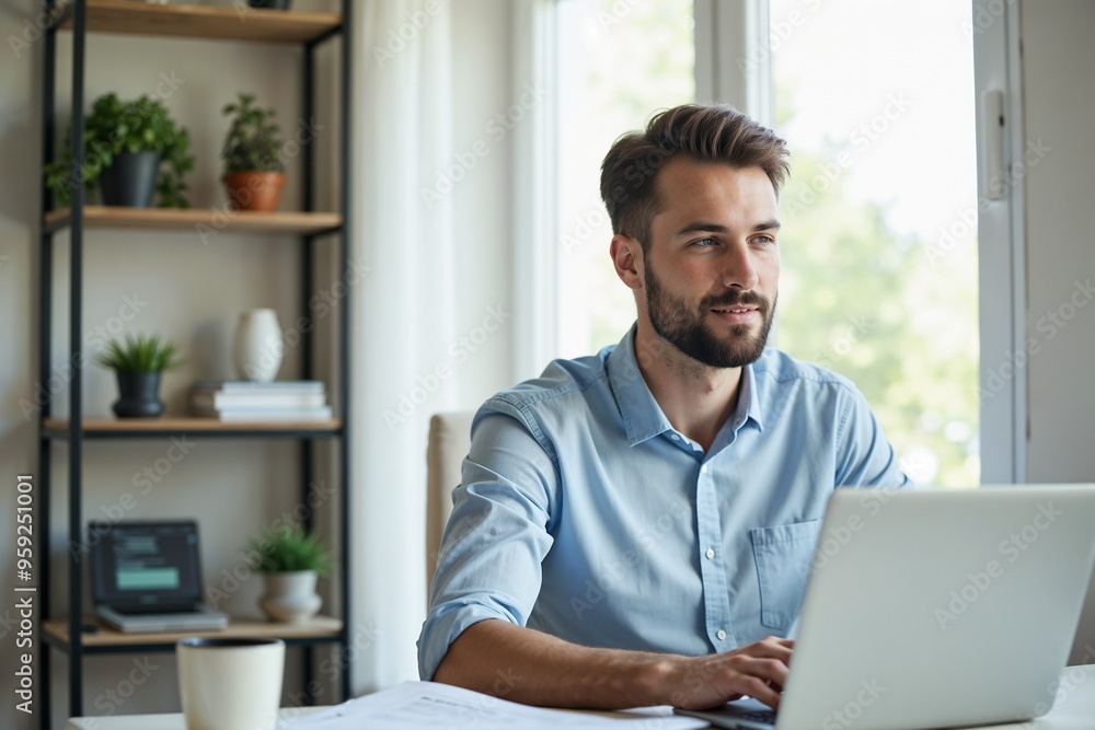 man working on laptop in home office man working on laptop in home office