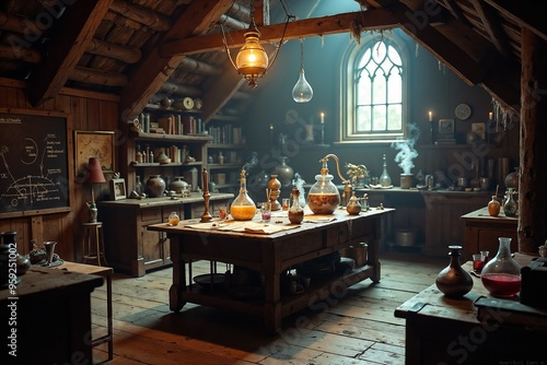 An old and dusty attic chemistry mad scientist lab