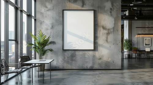 Poster frame in a contemporary office setting against a concrete wall, bathed in natural light from windows, symbolizing available advertising space..
