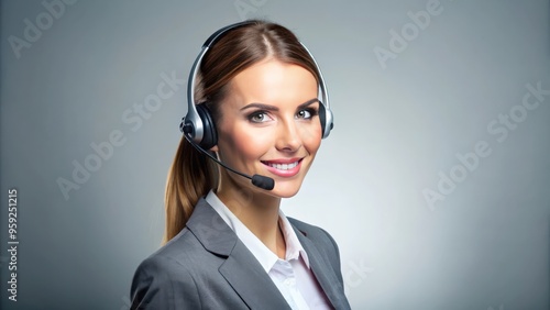 Support phone operator in headset on grey background, customer service, communication, professional