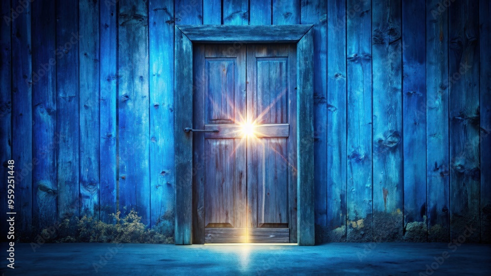 Old wooden door painted blue with a magical glow, symbolizing a portal to a different climate, vintage, entrance Old wooden door painted blue with a magical glow, symbolizing a portal to a different climate, vintage, entrance
