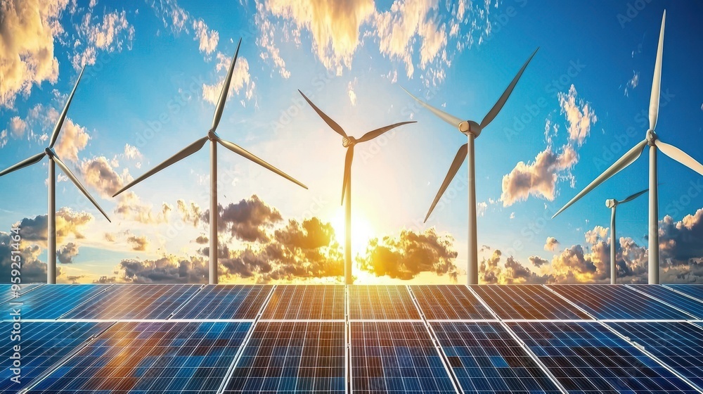 Wind Turbine and Solar Panels at Sunset Wind Turbine and Solar Panels at Sunset
