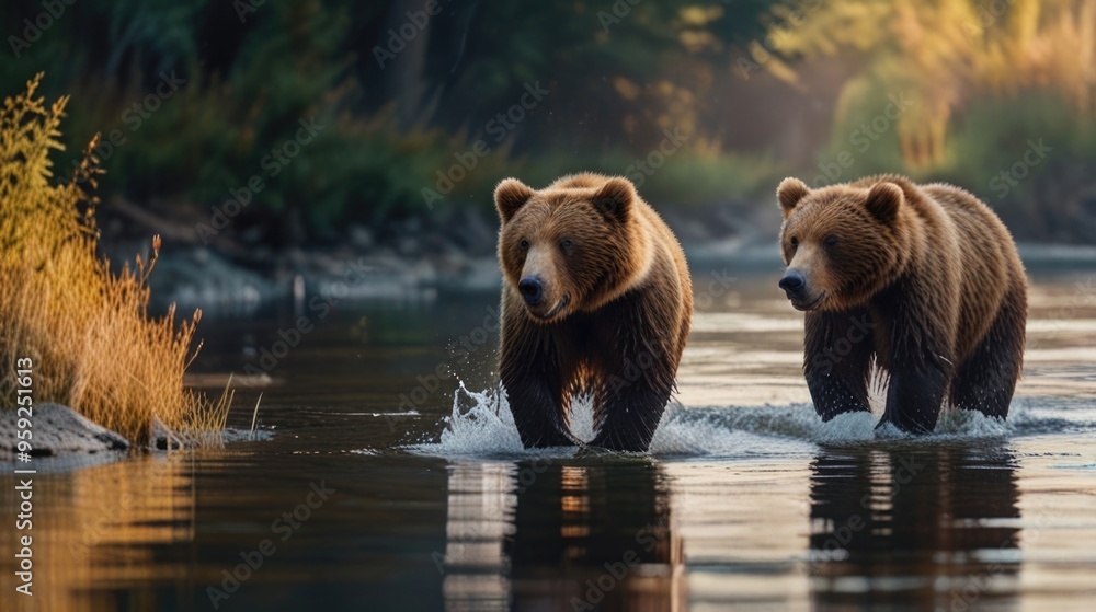 Brown bears walking through waters Brown bears walking through waters