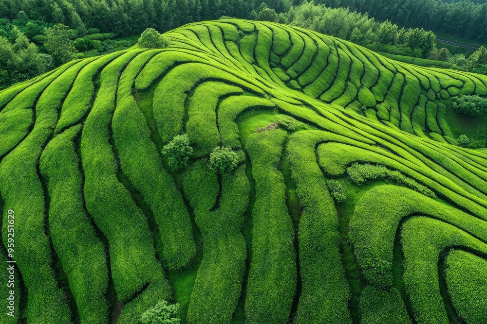 Fototapeta premium Aerial drone view of shapes of Cha Gorreana tea plantation at Sao Miguel, Azores, Portugal , ai
