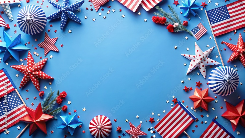 Obraz premium 4th of July decorations on blue background, top view with copy space, 4th of July, American Independence Day